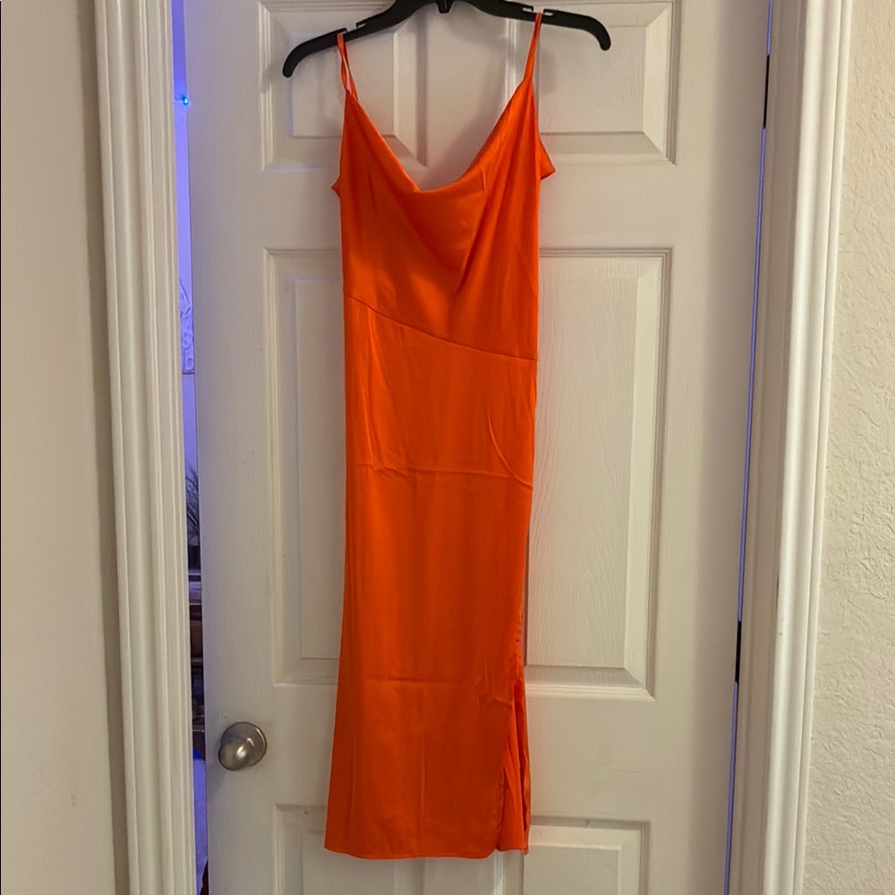 Orange Ribbed Midi Slip Dress